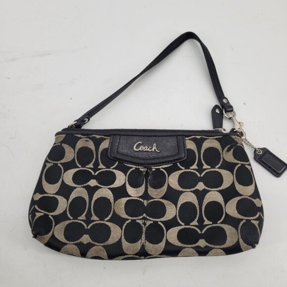 Coach Signature Black and Tan Wristlet Bag - Picture 1 of 4